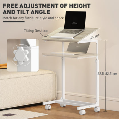 Mifi White Metal and Natural Wood Side Sofa Table Adjustable Tilting Top Lockable Wheels
