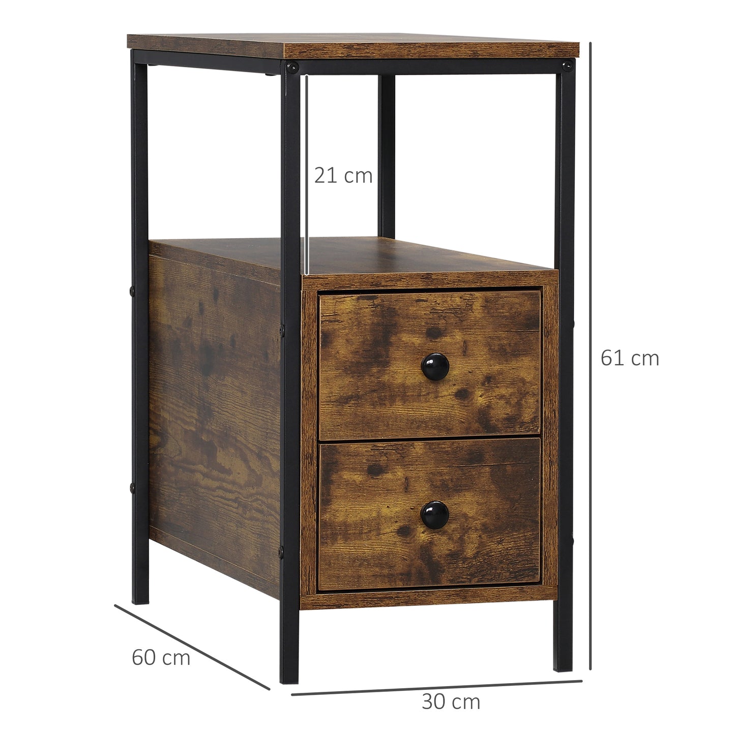 Vino Rustic Brown Narrow Bedside Table With 2 Drawers And Open Top Shelf