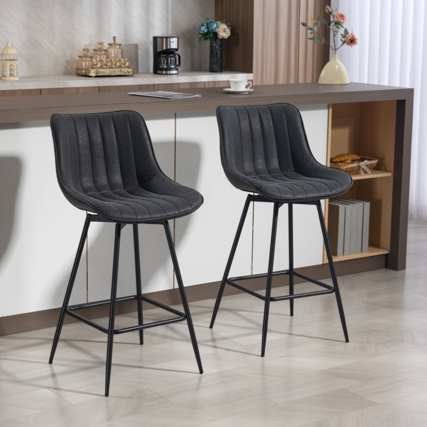 Lono Set Of 2 Black Faux Leather Swivel Counter Stools