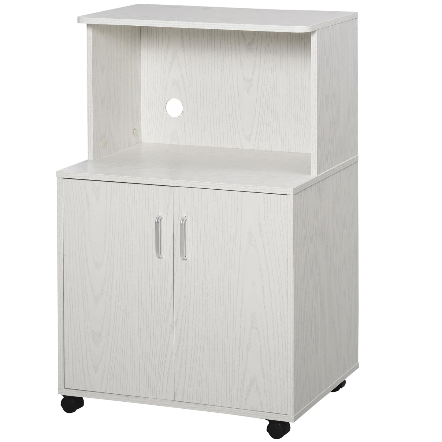 Fari Move Wooden White Microwave Stand Kitchen Trolley With Storage Cabinet And Locking Wheels