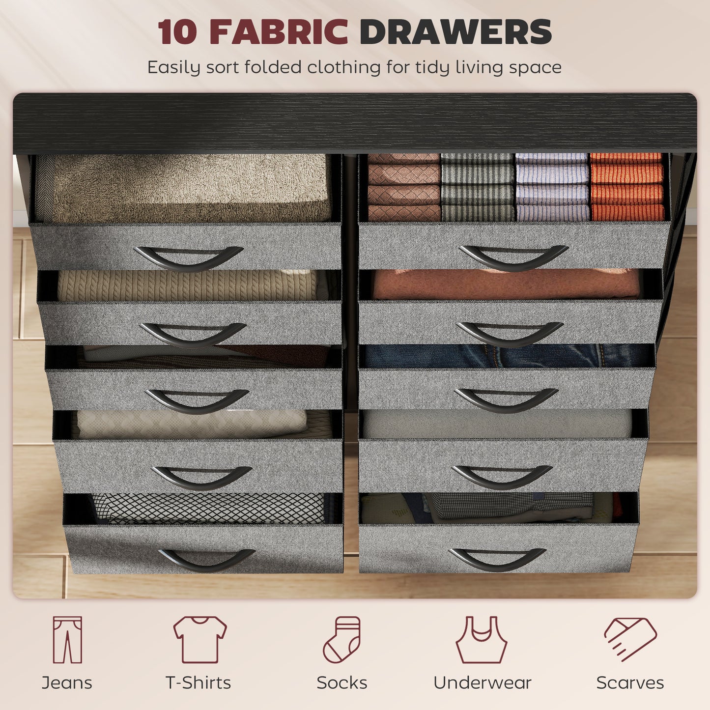 Babara Fabric And Metal Charcoal Grey 10 Drawer Storage Chest