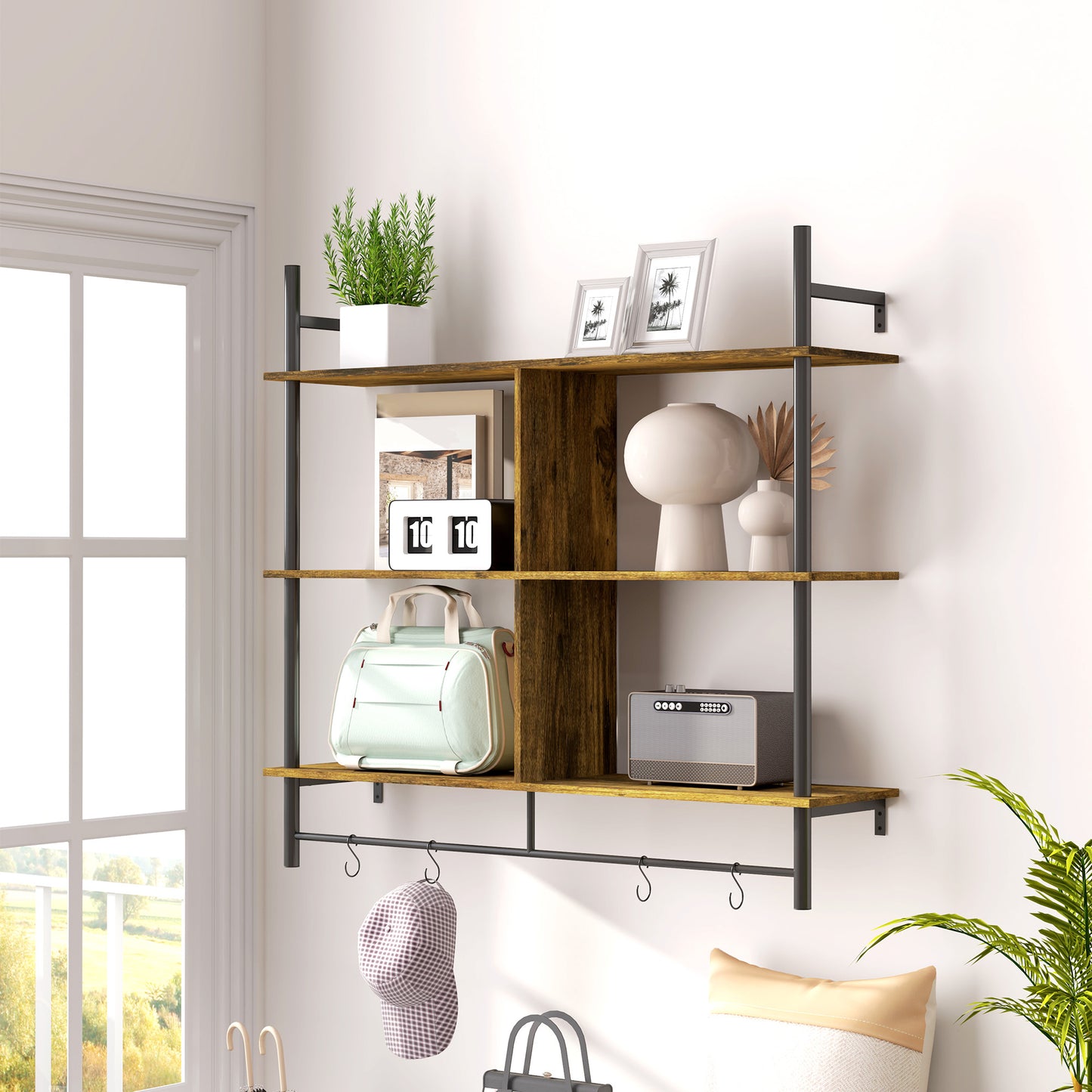 Todoco Wood And Metal Brown And Black 3 Tier Floating Wall Shelves