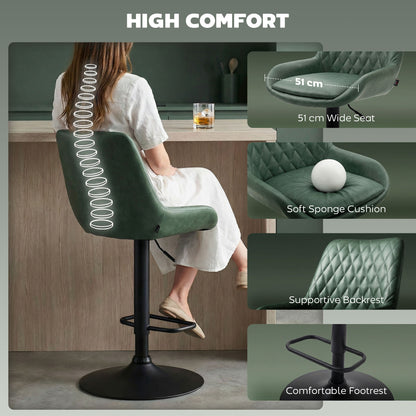 Milosu Fabric Green Adjustable Retro Bar Stools Set Of 2 With Swivel Seats