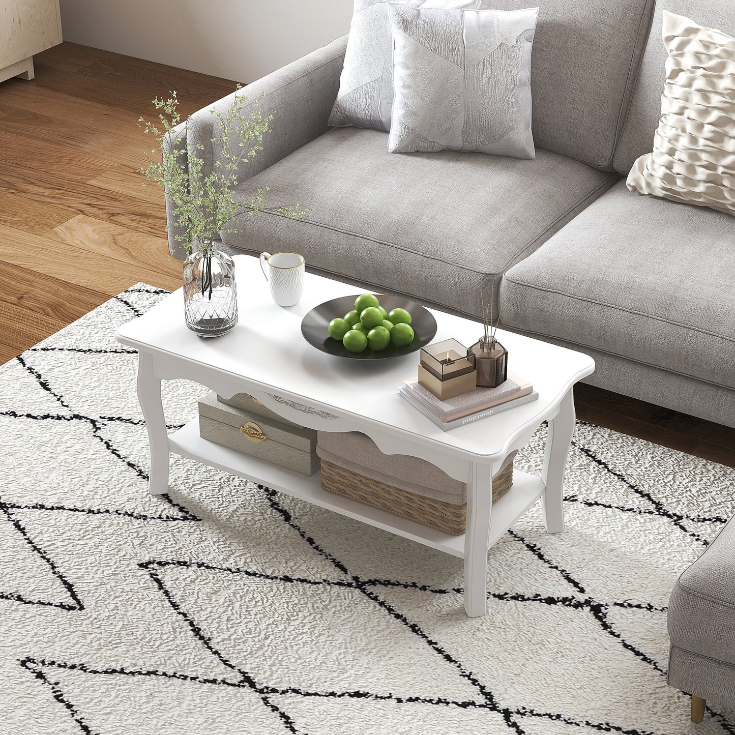 Noketa Wooden White Rectangular Mid Century Coffee Table With Storage Shelf