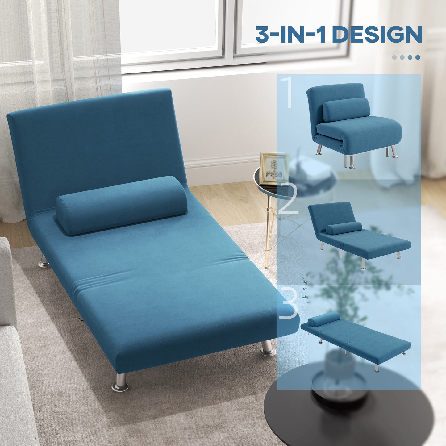 Ziel Lika Blue Velvet Single Sleeper Chair Silver Metal Legs