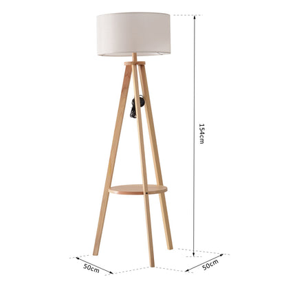 Laravi Natural Wood And Fabric Cream Tripod Floor Lamp With Shelf And Linen Shade 154 cm