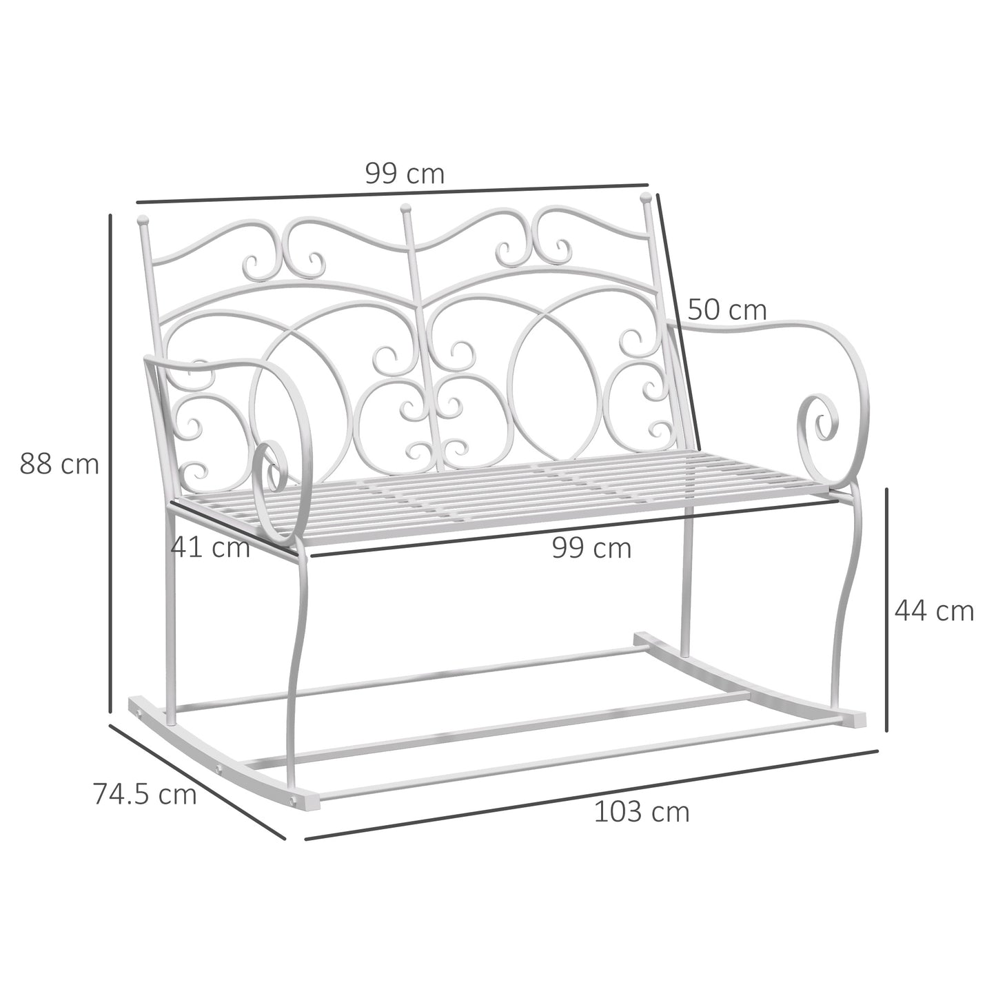 Yomino Steel White 2 Seater Outdoor Rocking Garden Bench With Decorative Backrest