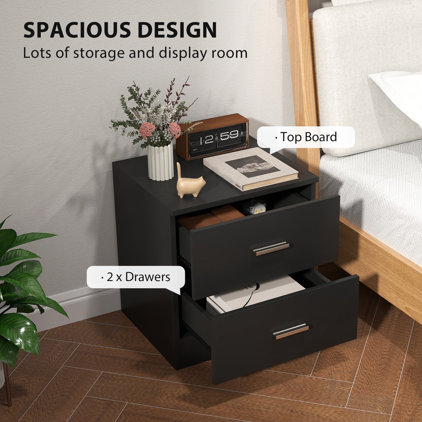 Rapa Raka Black Modern Bedside Table With 2 Drawer Storage