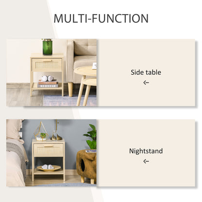 Tafa Natural Wood Bedside Table With Rattan Drawer And Open Storage Shelf
