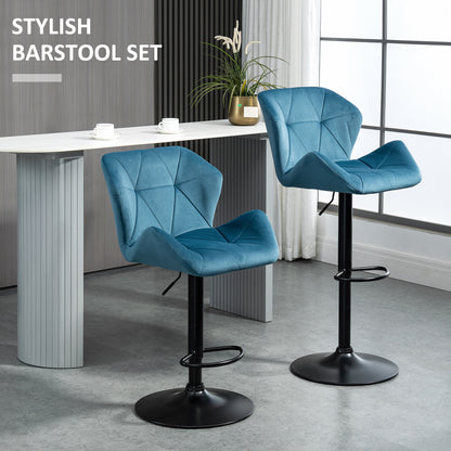 Rottira Velvet Blue Adjustable Swivel Bar Stools Set Of 2 With Sculpted Seat And Footrest