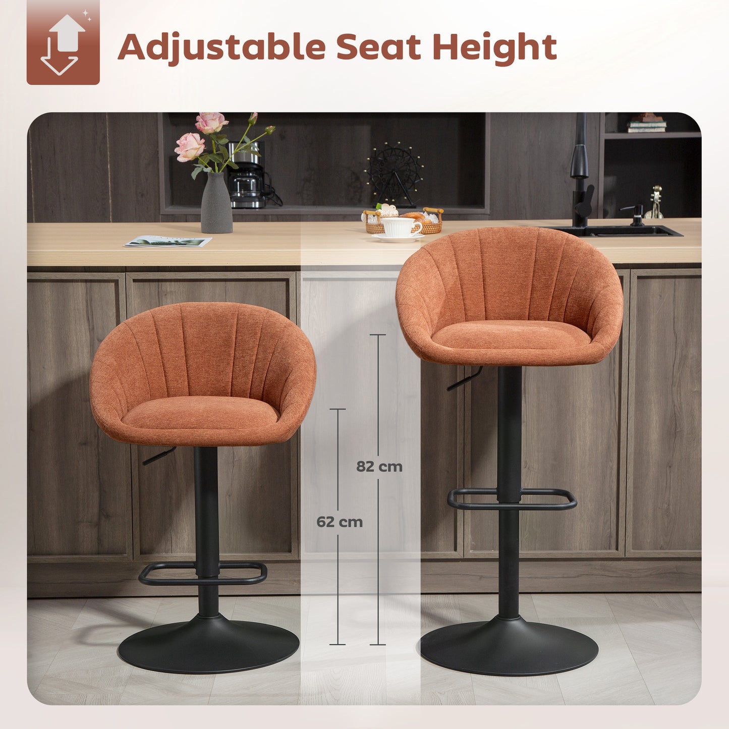 Lovake Fabric Orange Relaxed Tub Bar Stools Set Of 2 With Curved Seat