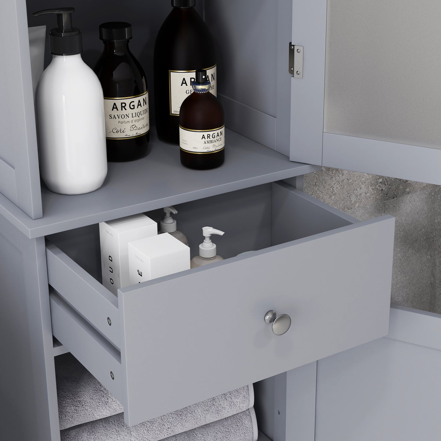 Zira Tall Slim Grey Bathroom Storage Cabinet With Shelves Drawer And Door