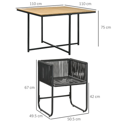 Lilere Rattan Black 4 Seater Cube Garden Dining Set With Cushions And Rectangular Wood Grain Table