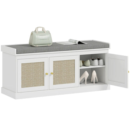 Wooden White Shoe Bench With 3 Woven Rattan Doors And Grey Padded Seat