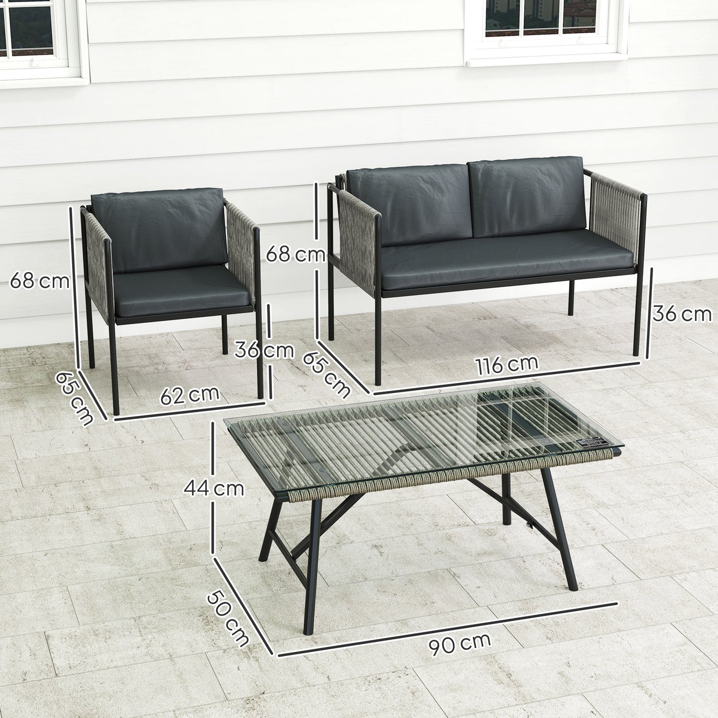 Rira Rattan Rope Grey 4 Seater Round Outdoor Sofa Set