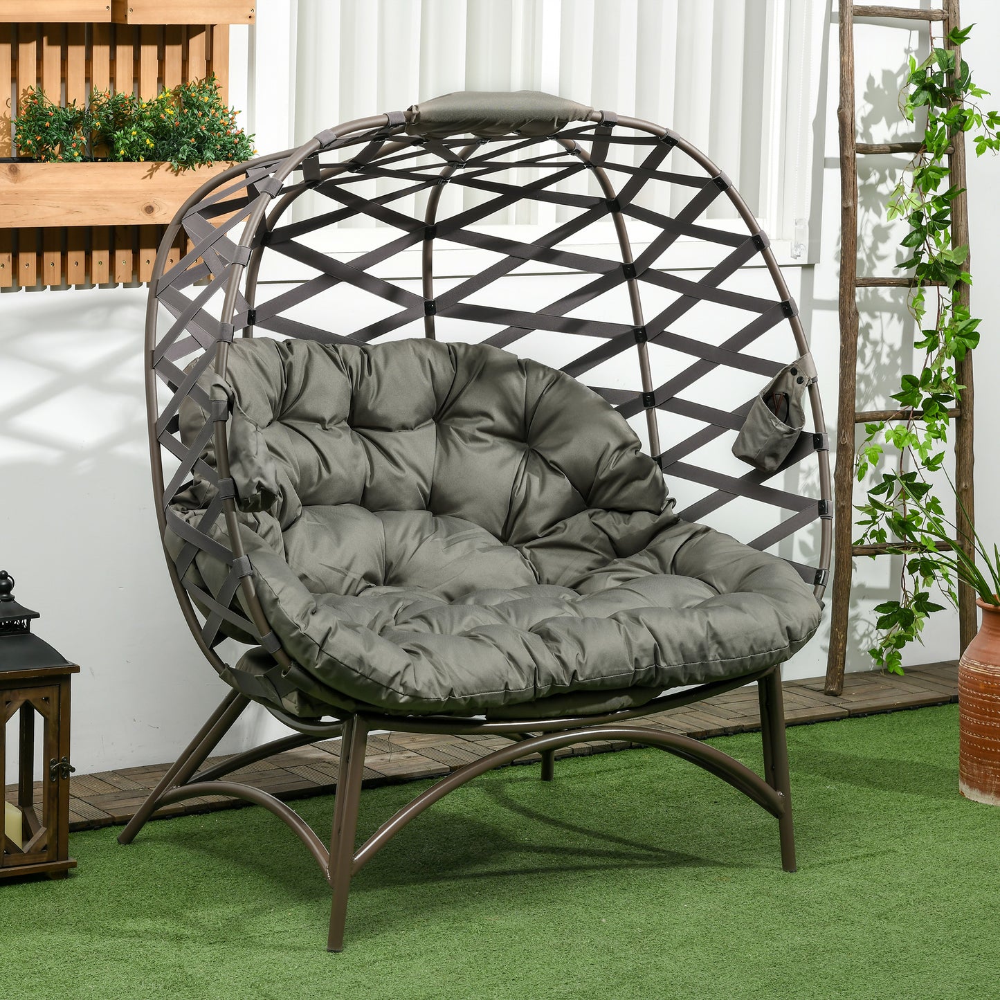 Stitzza Woven Rattan Sand Brown 2 Seater Folding Egg Chair With Cushions And Cup Holders