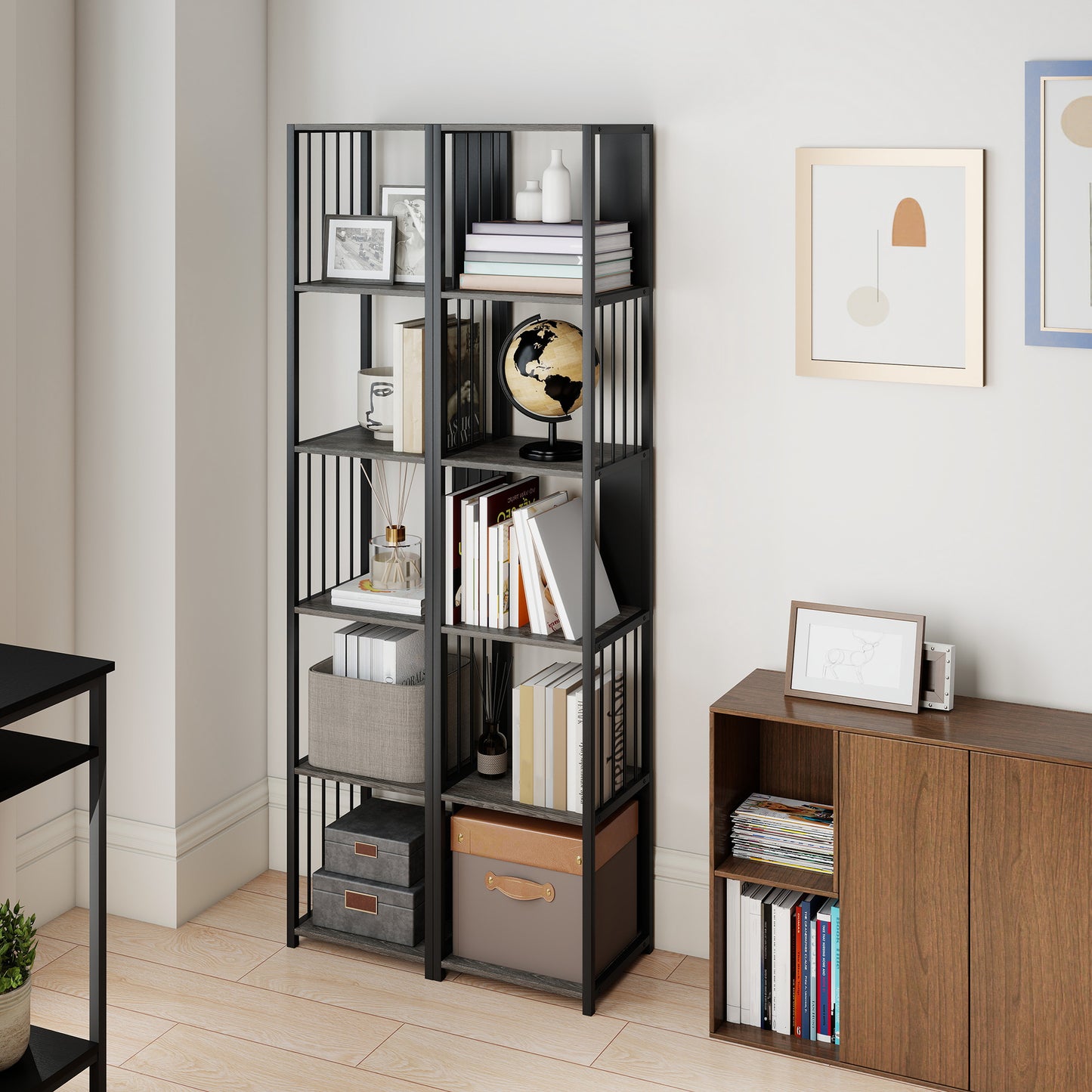 Reseka Metal And Wood Grey 5 Tier Bookshelf With Steel Frame