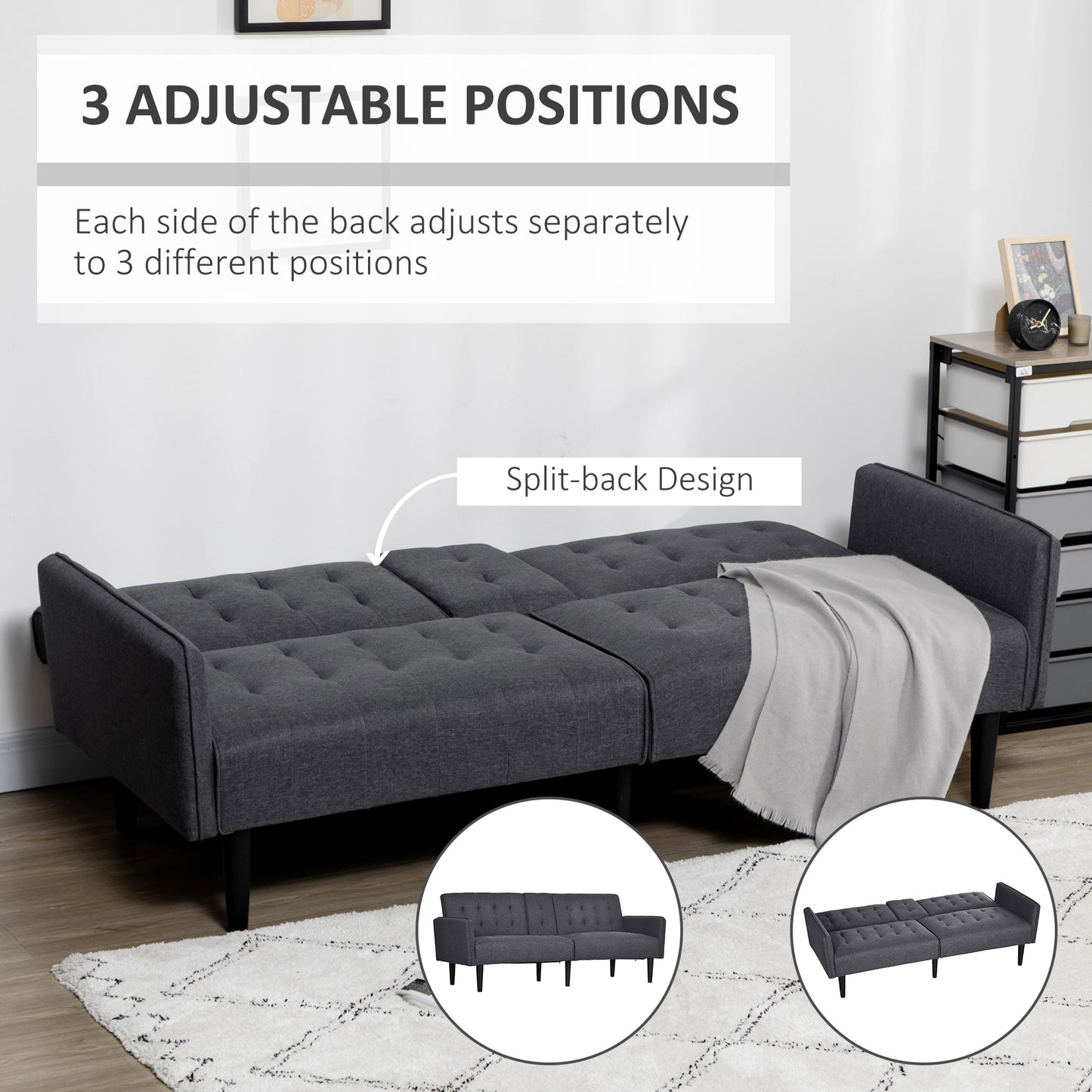 Nissa Grey Fabric 3 Seater Sofa Bed Diamond Tufted Back