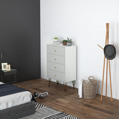 Nebaso Metal And Wood White Tall 4 Drawer Chest With Hairpin Legs