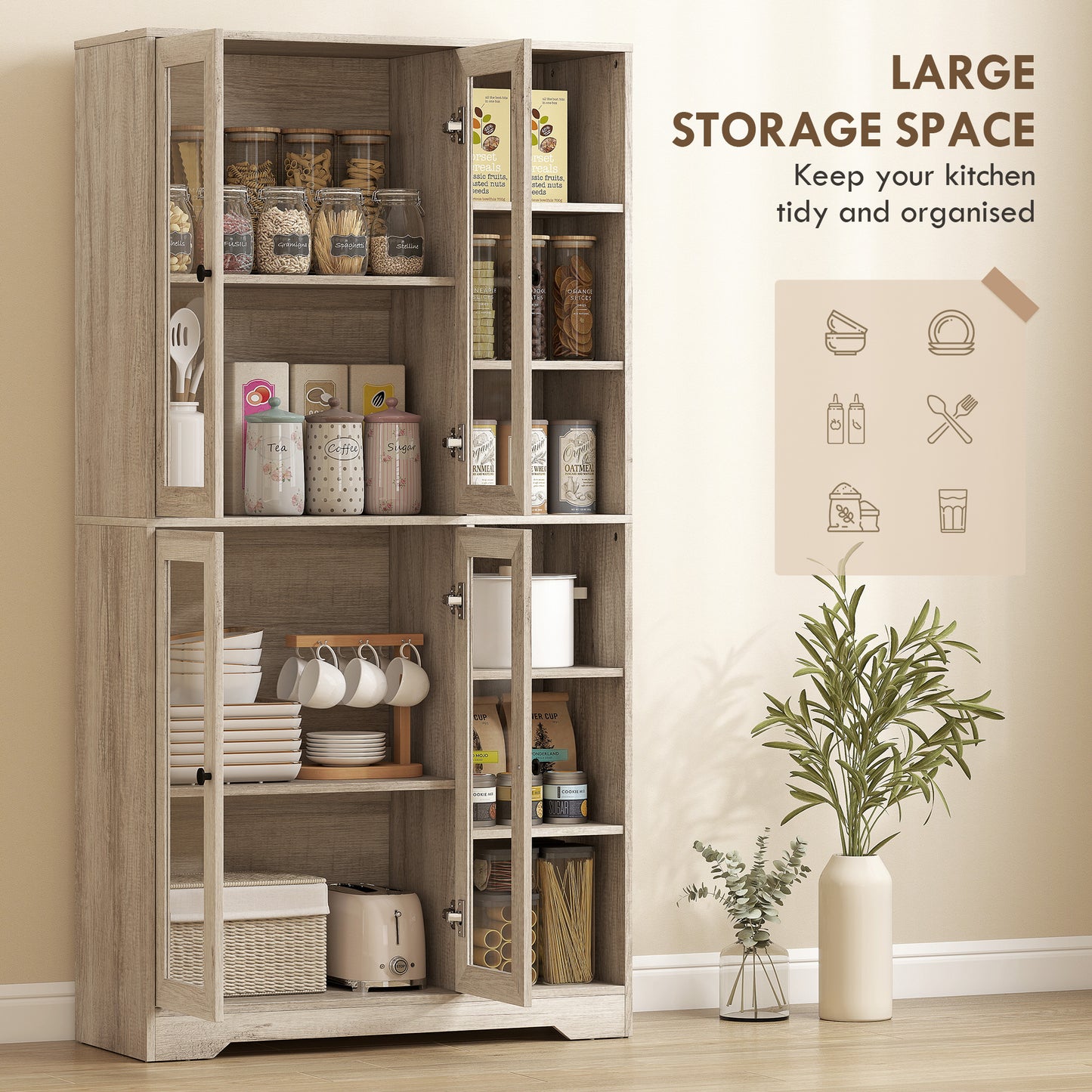 Mole Pantry Wooden Grey Wood Effect Kitchen Storage Cabinet With Glass Doors