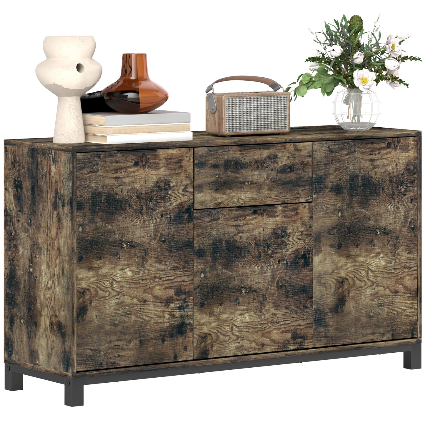 Nomano Rero Rustic Brown Industrial Sideboard With Doors Drawer And Adjustable Shelves