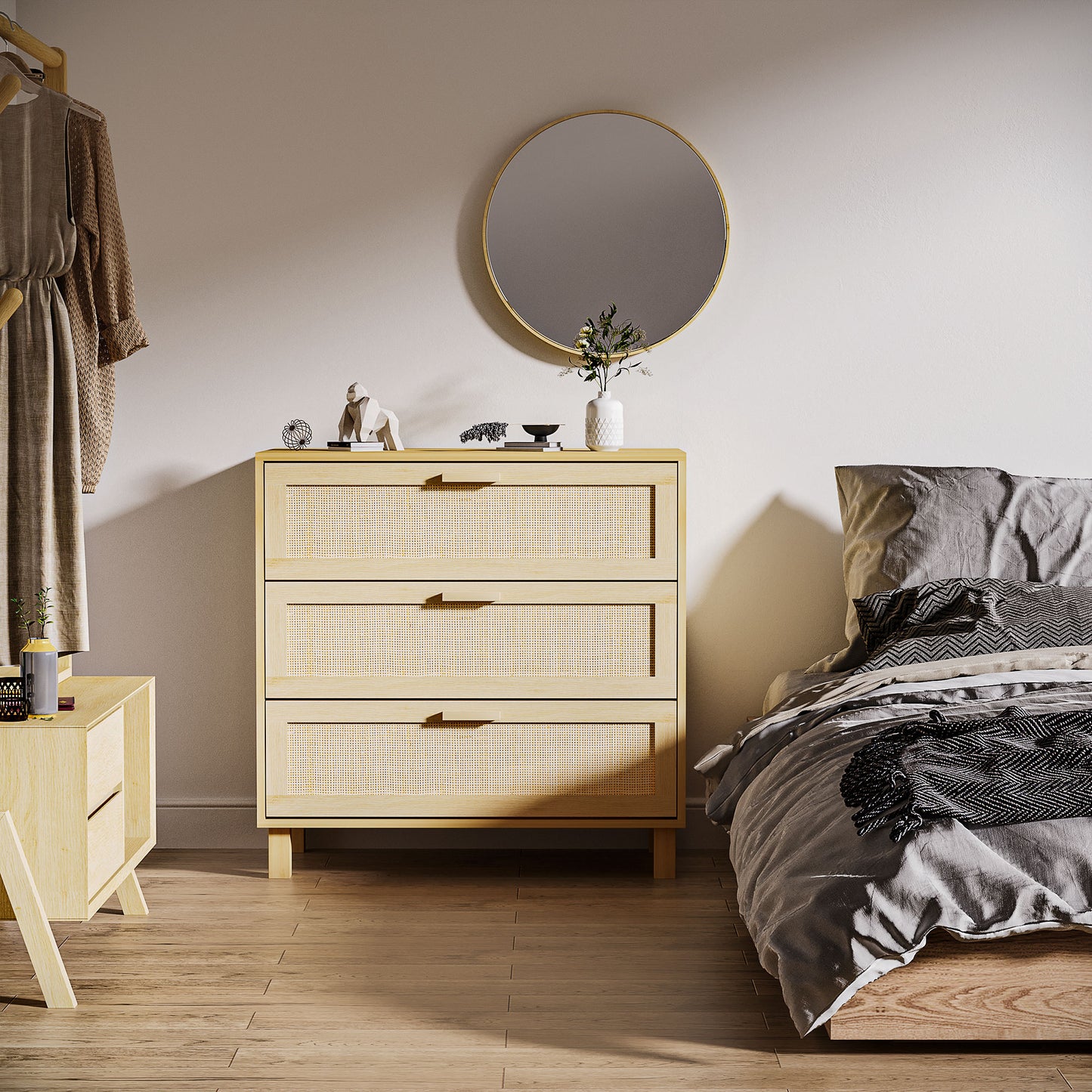 Doyo Boho Natural Rattan And Wood 3 Drawer Bedroom Chest
