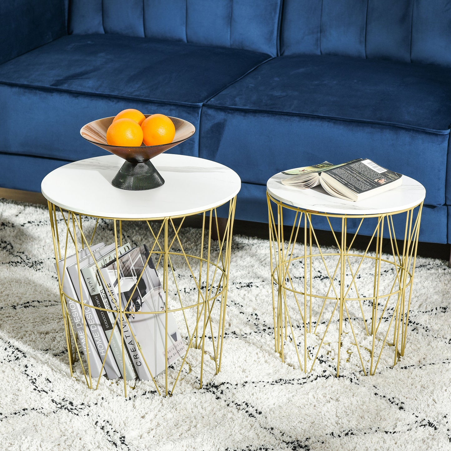 Tokael Metal And Wood White Set Of 2 Round Nesting Side Tables With Storage And Removable Tops