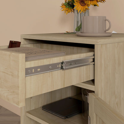 Basose Natural Wood Effect Rattan Bedside Table With Drawer And Door