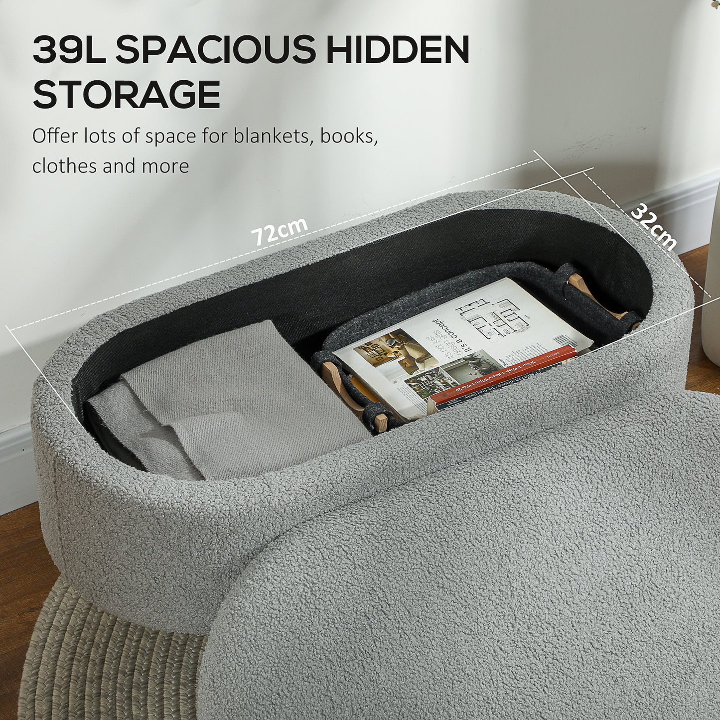 Mael Boucle Light Grey Storage Ottoman Teddy Fleece Natural Wooden Legs
