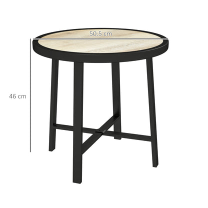 Moreve Black and Natural Wood Effect Round Outdoor Side Table With Steel Frame