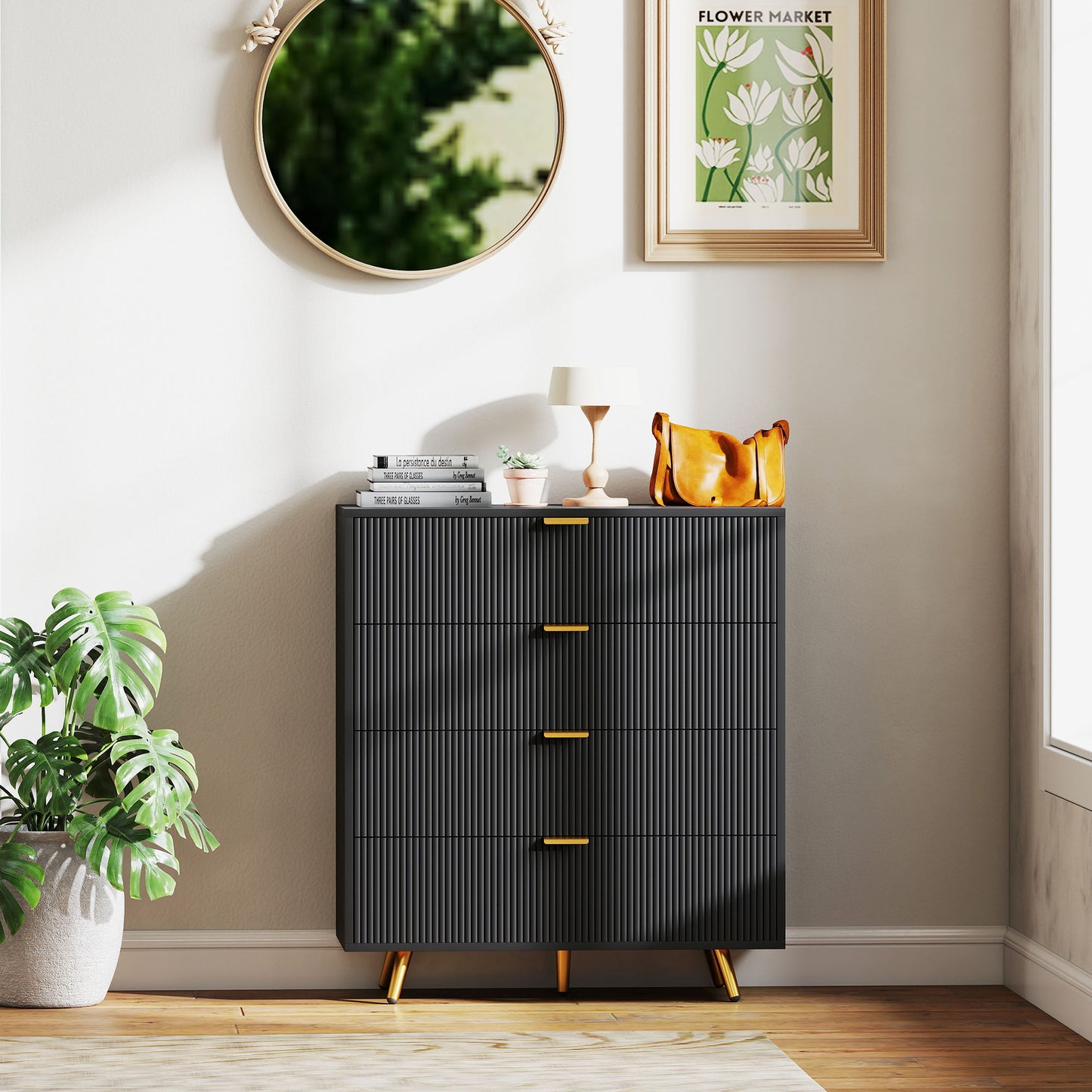 Disu Wooden Black Elegant 4 Drawer Bedside Storage Table