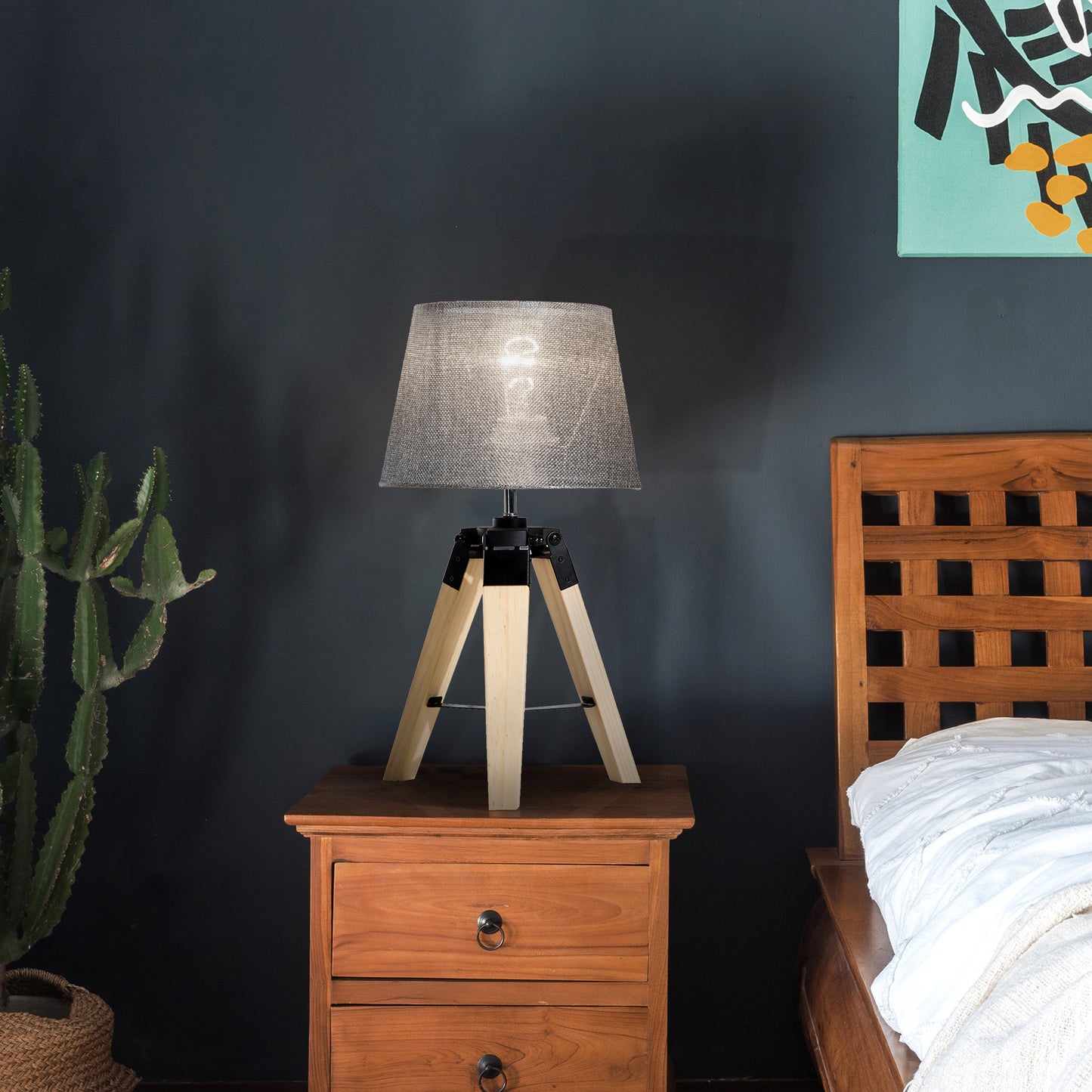 Narose Wood Grey Tripod Table Lamp With Fabric Shade And Base