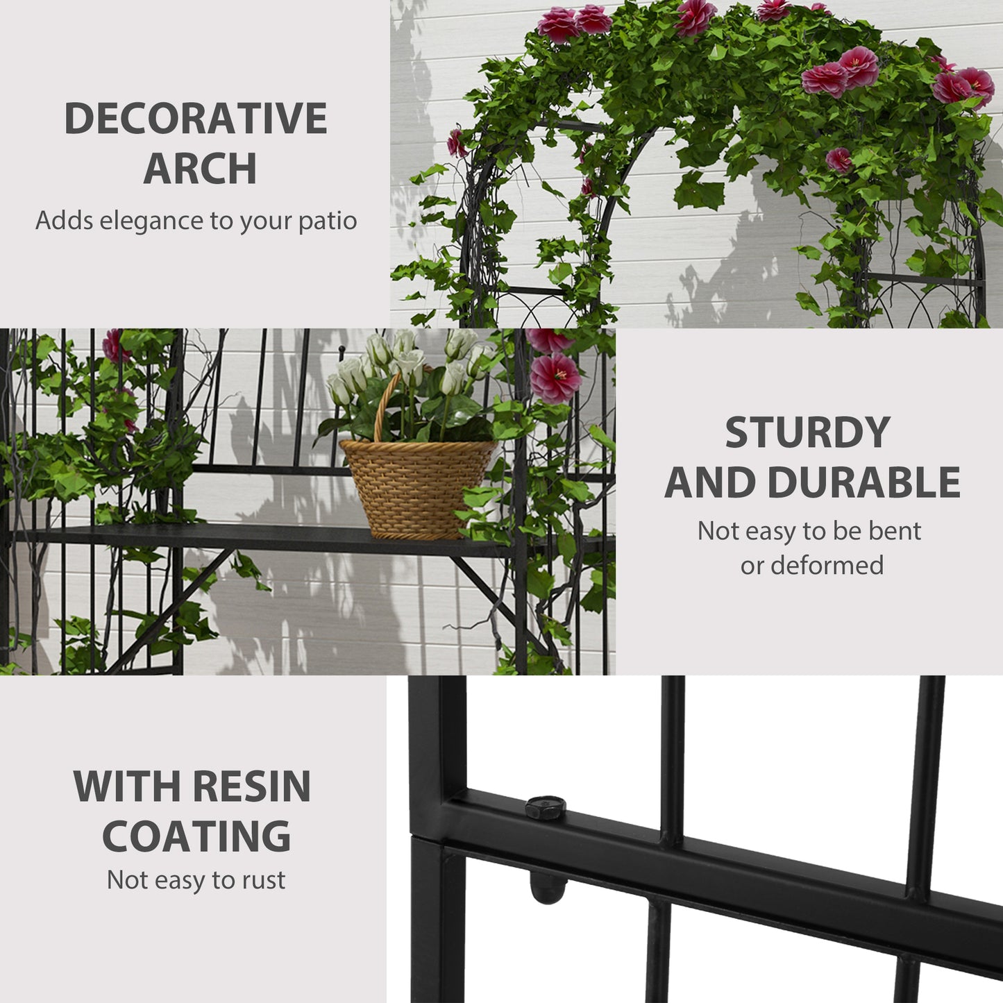 Katoba Metal Black 2 Seater Garden Arch Bench With Trellis For Climbing Plants