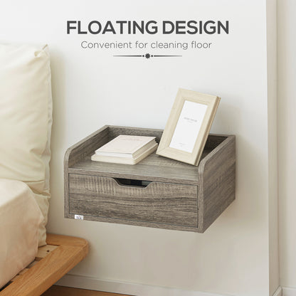 Rereno Set of 2 Grey Wood Floating Nightstands With Drawer Wall Mounted