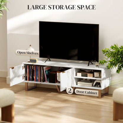 Veriri 140cm White Marble and Gold Effect TV Unit With Fluted Doors For Screens Up To 70 Inches