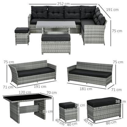 Sakale Grey Rattan 9 Seater Garden Furniture Set With Corner Sofa Footstools And Glass Table