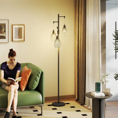 Tane Metal Black Industrial 3 Light LED Floor Lamp With Wire Cage Shades