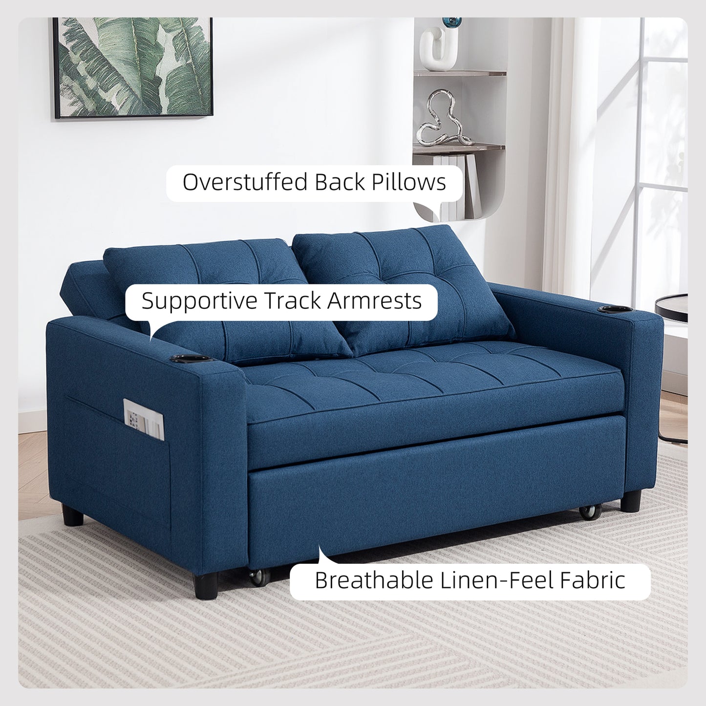 Mizifi Fabric Dark Blue 2 Seater Pull Out Sofa Bed