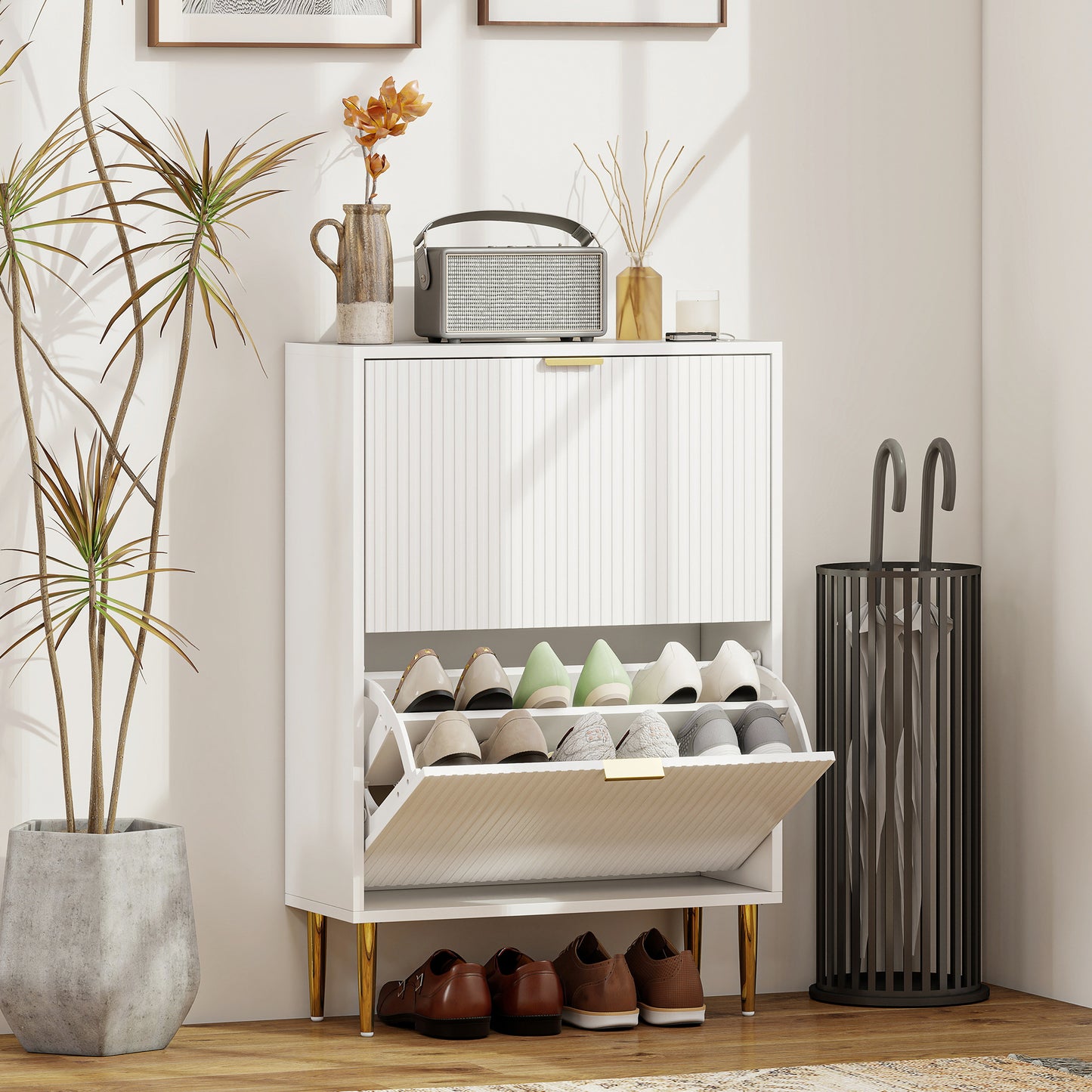 Baviva Wooden White Elegant 2 Drawer Shoe Cabinet Ribbed Design
