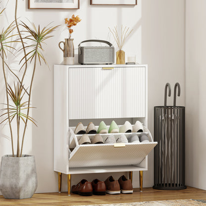 Baviva Wooden White Elegant 2 Drawer Shoe Cabinet Ribbed Design