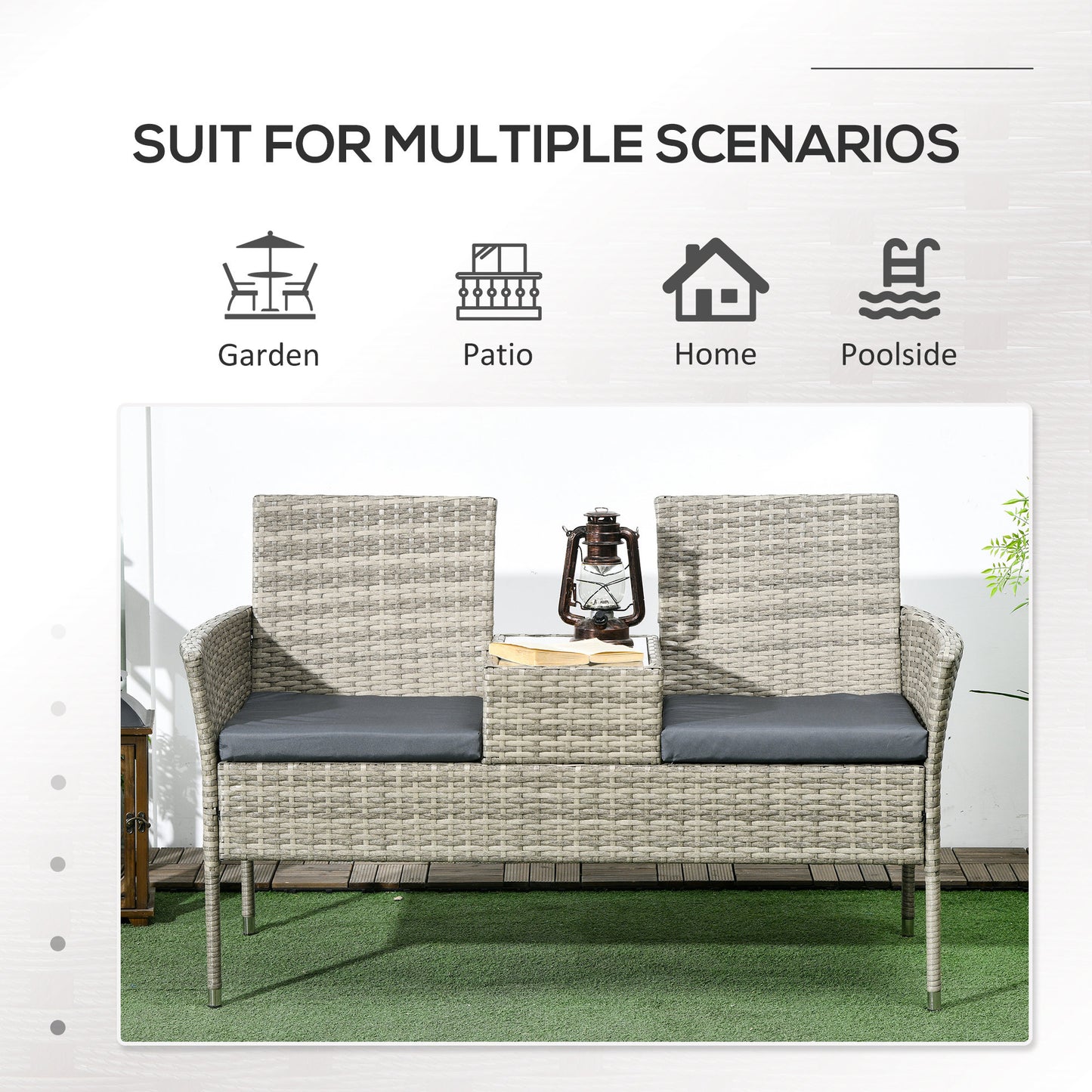 Vama Faux Rattan Light Grey 2 Seat Garden Chair With Integrated Coffee Table
