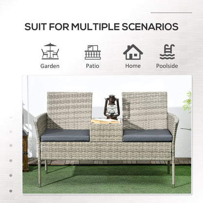 Vama Faux Rattan Light Grey 2 Seat Garden Chair With Integrated Coffee Table