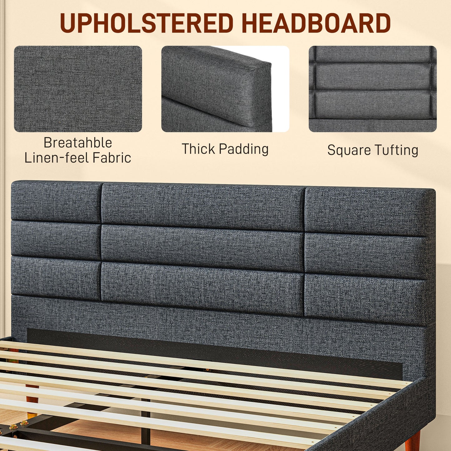 Narane 5FT Grey Upholstered King Bed Frame With Slatted Base and Fruitwood Legs