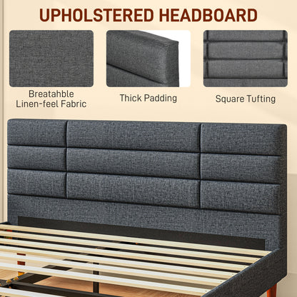 Narane 5FT Grey Upholstered King Bed Frame With Slatted Base and Fruitwood Legs