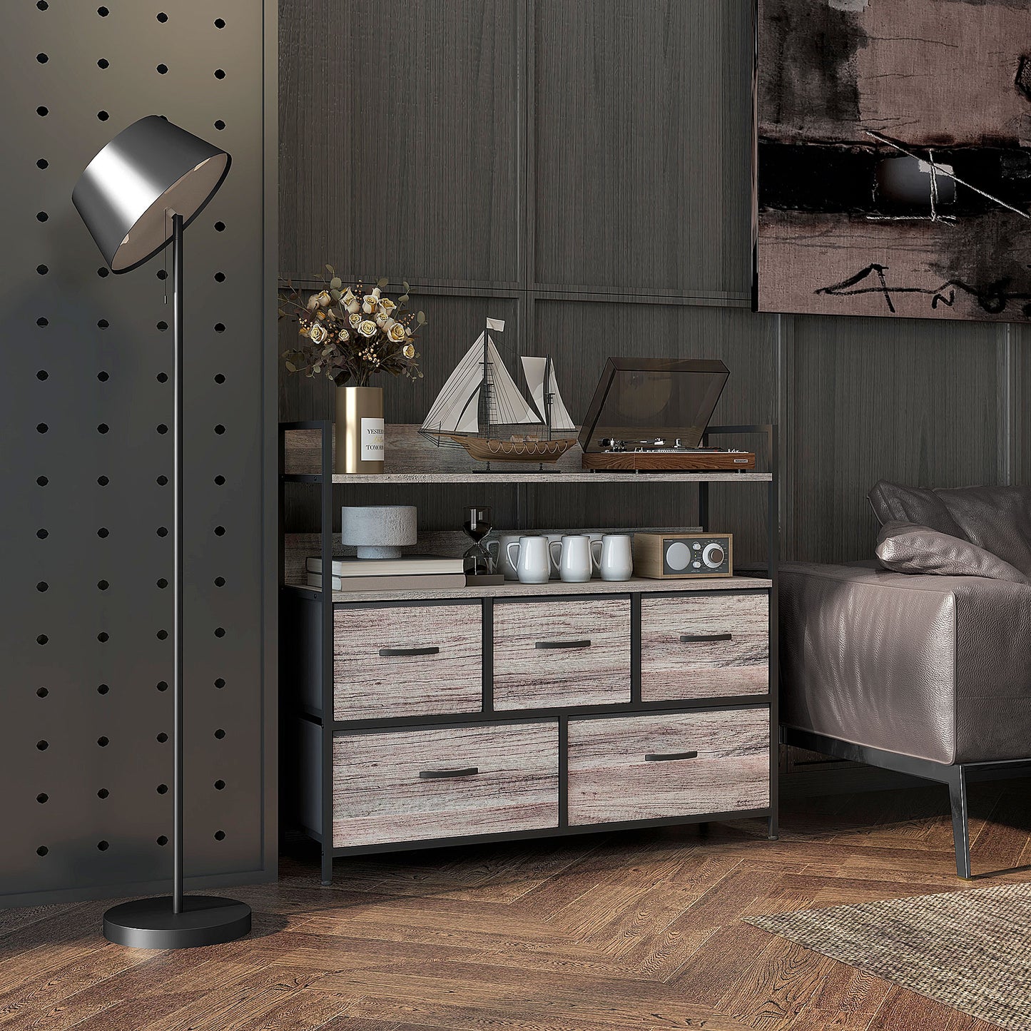 Rimo Fabric And Wood Grey Wood Effect 5 Drawer Rustic Storage Chest