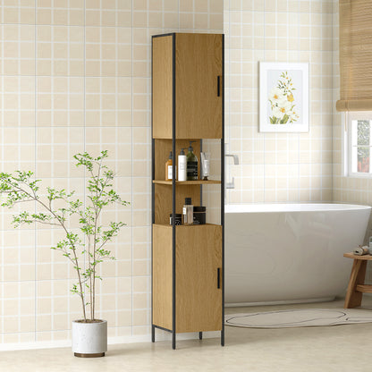 Rambette Tall Bathroom Storage Cabinet With Double Doors OFauxn Compartments And Adjustable Shelves Natural Wood Finish