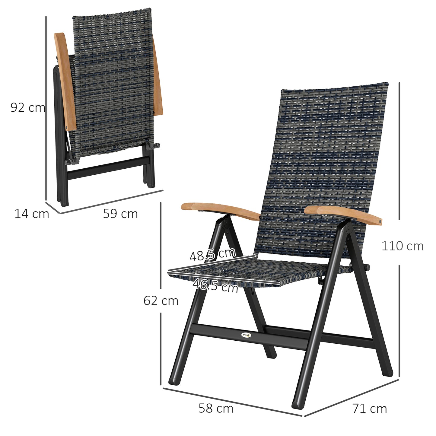 Coco Rattan Mixed Grey Folding Garden Dining Chair With High Back And Wood Armrests