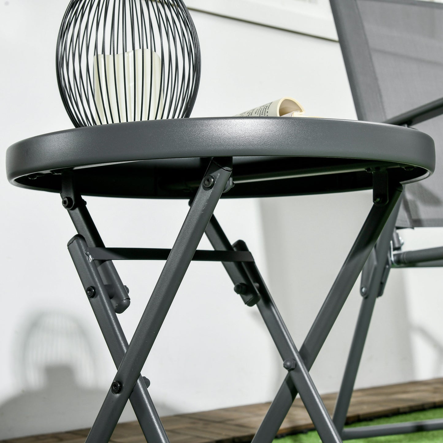 Laparo Metal And Glass Black Folding Outdoor Side Table 45cm With Marble Effect Top