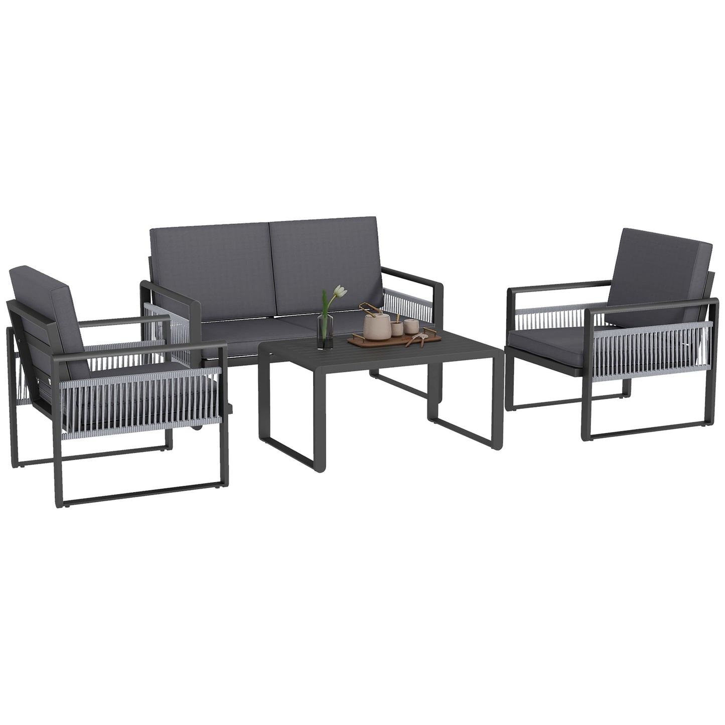 Yotono 4 Seater Grey Rattan Rope Garden Dining Set with Grey Cushions