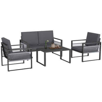 Yotono 4 Seater Grey Rattan Rope Garden Dining Set with Grey Cushions